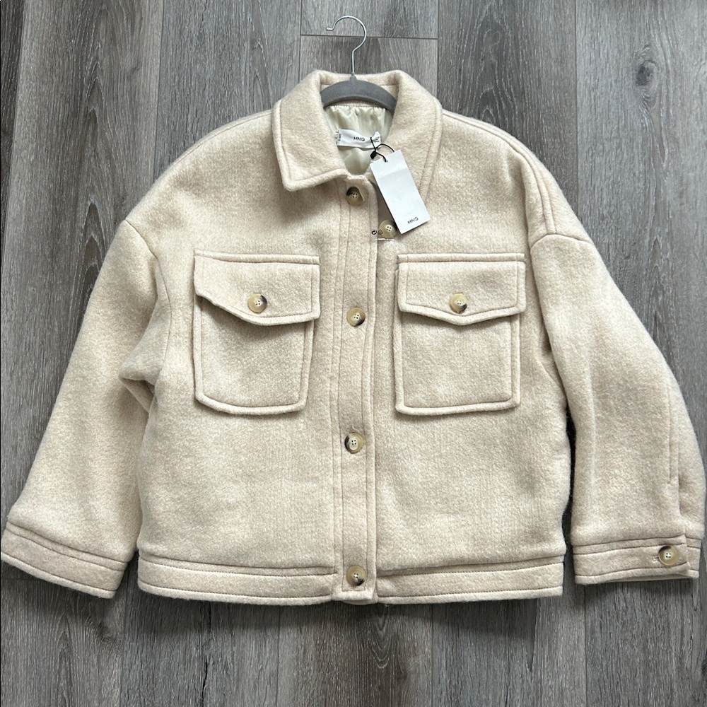 Mango Wool Blend Beige Shirt Jacket with Front Pockets Size S NWT